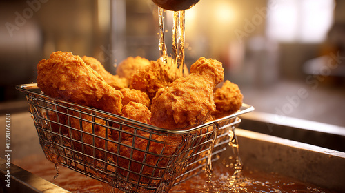 Fried chicken in wire basket lifted from hot oil