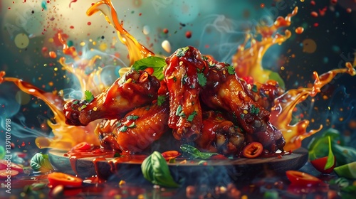 Spicy plate of buffalo wings from USA glistening with tangy sauce and a crispy texture captured in an energetic vibrant food art style high resolution