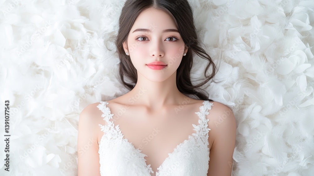 A beautiful bride in white wedding dress lying on soft white feathers, serene expression, elegant bridal portrait, and close-up composition. A beautiful bride in white wedding dress lying on soft white feathers, serene expression, elegant bridal portrait, and close-up composition.