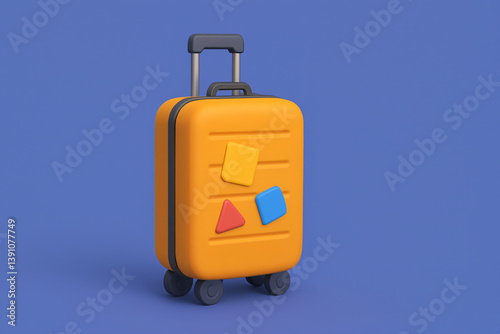 Yellow suitcase with a hard shell, retractable handle and four wheels. It's decorated with colorful geometric stickers. Travelling, vacation symbol. The background is a solid blue color.