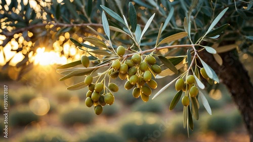 Sunset olive harvest highlighting olive oil in natural light, creative videos of olives, an ancient olive tree, and lens flare effects.