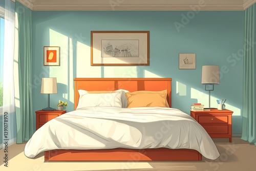 Cozy Modern Bedroom Interior Design with Vibrant Orange Tones and Elegant Decorative Art photo