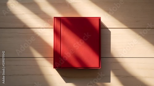 Embossed video album. Video book displayed on a bright background. Family video book with a leather binding. Video album with a durable cover resting on a wooden surface. Video album.