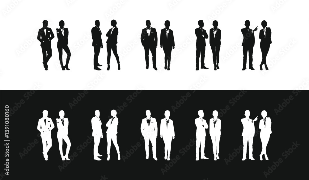 Silhouette of a couple wearing suits. Silhouettes of men and women wearing suits. Silhouettes of different People Standing and walking Rear View. Silhouette of a couple wearing suits. Silhouettes of men and women wearing suits. Silhouettes of different People Standing and walking Rear View.