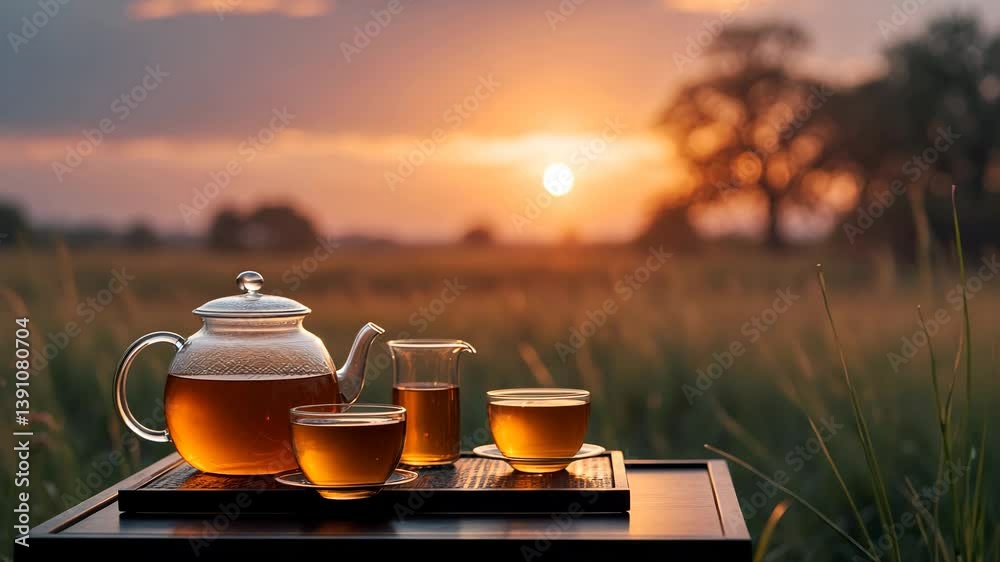 Tea preparation method. Tea ceremony. Transparent teapot and mugs.