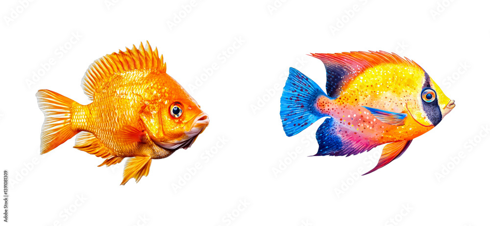 Fototapeta premium Colorful goldfish and tropical fish portraits bright. Cut out set