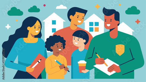Affordable Housing Solutions Families discussing housing options around a neighborhood map with positive expressions and pencils in hand illustrating community efforts in finding