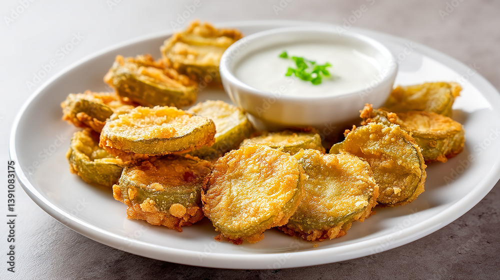 Fried pickles on white ceramic plate with dipping sauce Fried pickles on white ceramic plate with dipping sauce