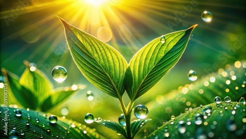 Radiant Sunrise Illuminates Dew-Kissed Leaves of a Young Plant, Symbolizing Nature's Rebirth and the Promise of Spring