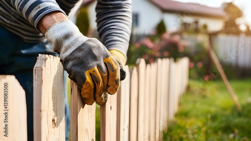Person in gloves holds white wooden fence in yard with house background.