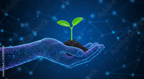 Mão futurista segurando um broto simbologia de tecnologia, inteligência artificial e ecologia