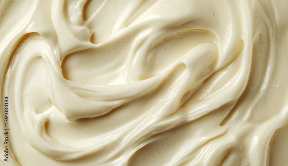 Fototapeta premium Creamy, smooth, light beige spread. A close-up view of a swirled, glossy, spreadable dairy product
