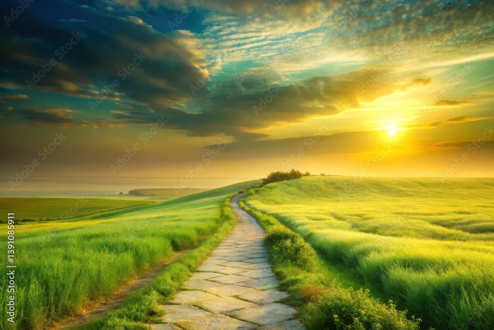 Obraz premium Serene Sunset Over Rolling Hills with a Stone Path Leading to the Golden Horizon