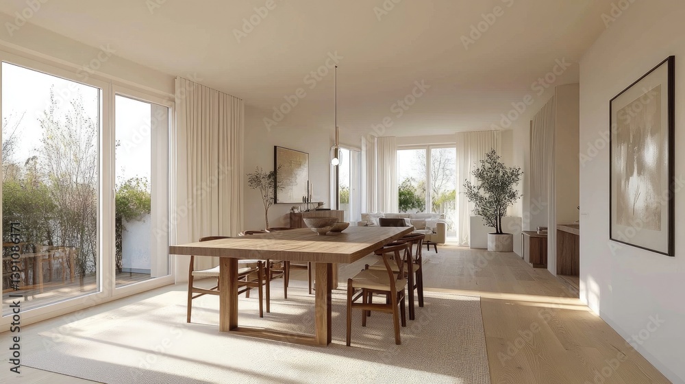 Fototapeta premium A stylish Nordic dining area with a wooden table, modern chairs, and simple decor, set against a backdrop of light-colored walls and large windows.