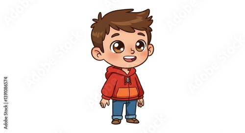 Cartoon boy with brown hair, eyes, wearing a red and orange hoodie.