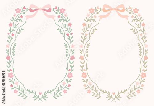 Pastel Floral Oval Frame with Ribbon Bow Illustration Set