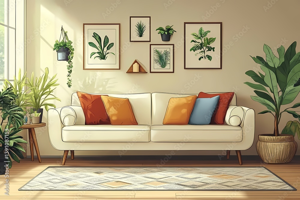 Fototapeta premium Modern Living Room Ideas: Cozy Sofa, Indoor Plants & Bright Home Decor