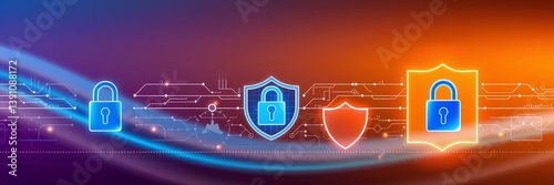 Digital Cybersecurity Concept Visualization: Connected Lock Icons and Shield Symbols on Circuit Pattern with Blue to Orange Gradient Technology Background