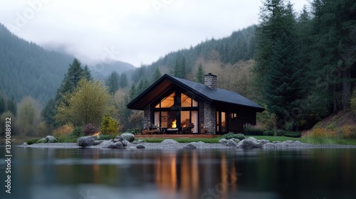 Cozy cabin nestled beside a serene lake in a lush forest.  Warm interior light spills outward
