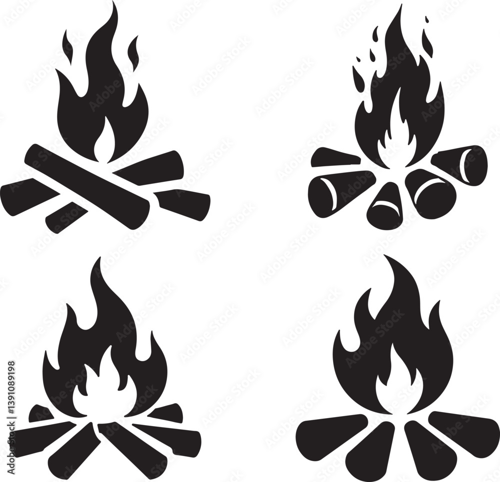 Fototapeta premium Set Of Campfire Silhouette Illustration – Minimal Bonfire Flame for Outdoor Logo