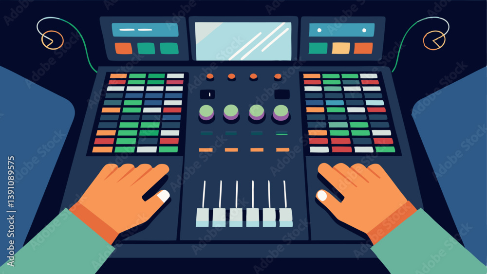 Console Control A closeup illustration of a technicians hands operating a mixing console with sliders and buttons while screens show different camera angles.