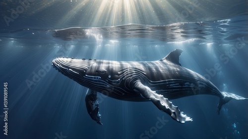 A large whale gracefully swims underwater