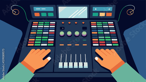 Obraz na płótnie Console Control A closeup illustration of a technicians hands operating a mixing console with sliders and buttons while screens show different camera angles. w salonie