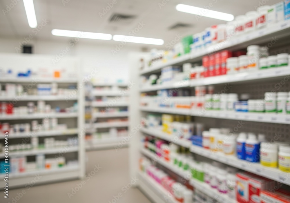 Blurred view of pharmacy shelves filled with various medications and healthcare products in a store