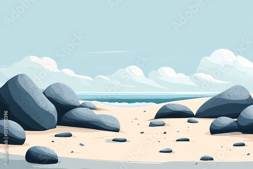 Scenic Tropical Beach with Rocks, Sea, and Sunset: A Tranquil Coastal Nature Landscape Illustration in Blue Tones