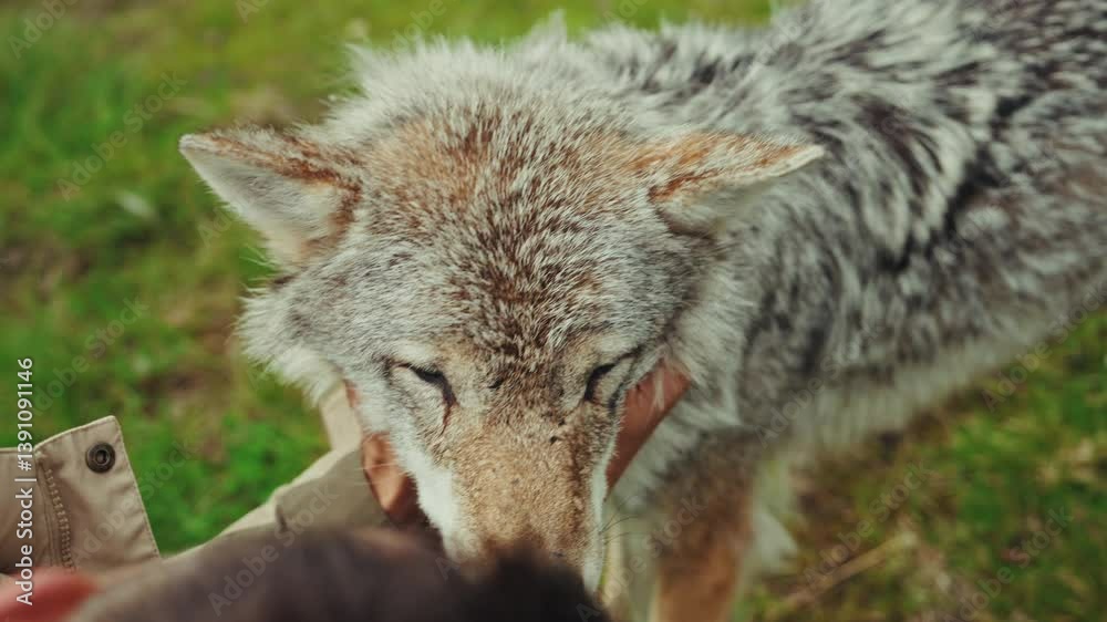 Close up shot of a male instructor petting and bonding with a wolf. wildlife interaction and connection with humans. Close up shot of a male instructor petting and bonding with a wolf. wildlife interaction and connection with humans.