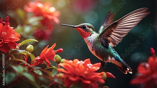 A vibrant hummingbird with iridescent blue and green feathers hovers mid-air