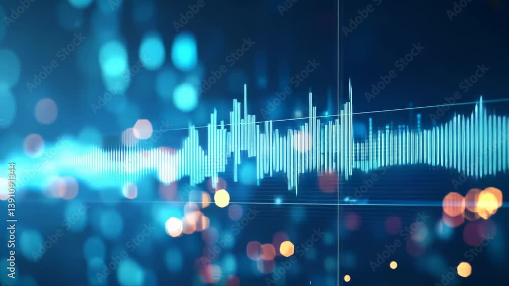 A vibrant visualization sound wave bright blue. The waveform is dynamically displayed against backdrop blurred, bokeh lights. Symbolizing technology, audio analysis, or digital data communication.