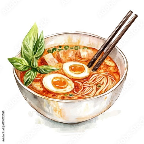 A watercolor painting of Laksa, isolated on a white background. Laksa vector

