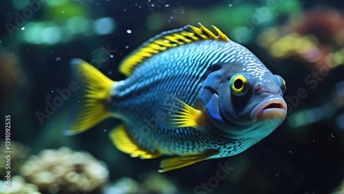 A vibrant blue fish with distinctive yellow spots and a yellow-fringed fin is shown in close-up.