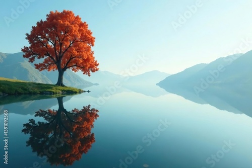 Single tree reflected in calm lake water with mirror-like effect, solitary, isolated, reflection