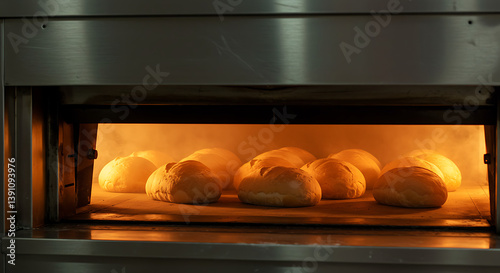Golden Brown Loaves of Bread Baking in a Commercial Oven
