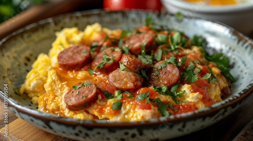 Vibrant serving of chorizo con huevos from Mexico with spicy sausage and scrambled eggs styled in a modern high resolution breakfast culinary art scene