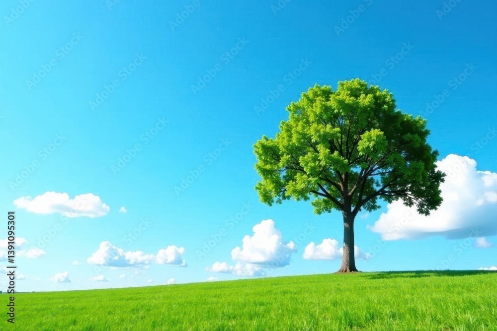 Obraz premium Isolated tree against a clear blue sky with some fluffy white clouds, single, nature, solitary