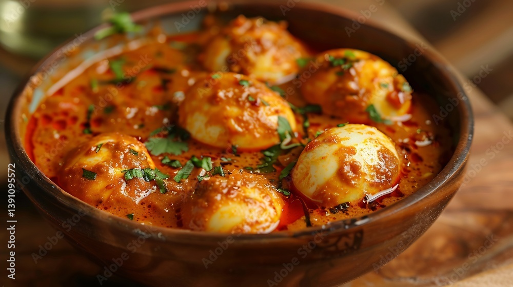 Vibrant serving of egg curry from India with a spicy tomato gravy and tender boiled eggs captured in a modern high resolution traditional culinary art style Vibrant serving of egg curry from India with a spicy tomato gravy and tender boiled eggs captured in a modern high resolution traditional culinary art style