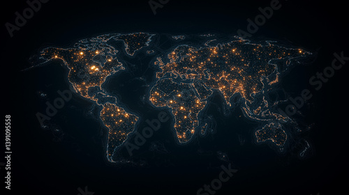 Global Network: An illuminated digital world map depicts a connected global network, with bright points of light highlighting centers of activity and communication.