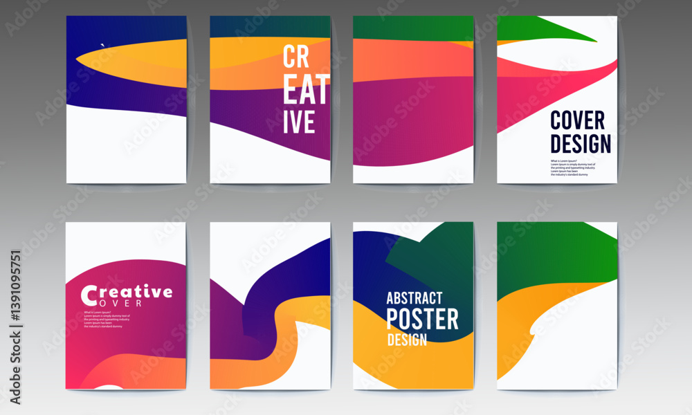 Naklejka premium abstract poster, set, Abstract gradient poster background vector set. Minimalist style cover template with vibrant perspective 3d geometric prism shapes collection. social media, cover, banner, flyer.
