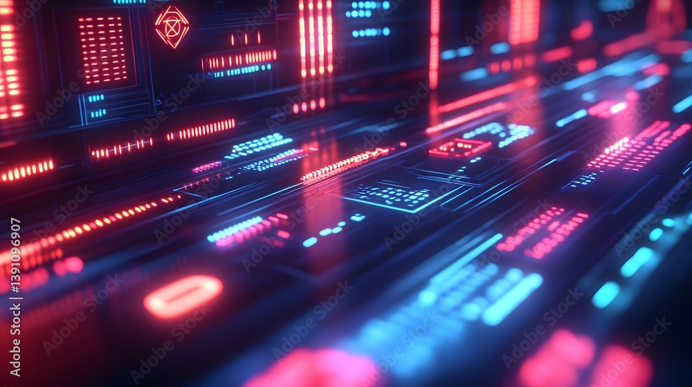 Futuristic neon lit circuit board with data streams in various colors Futuristic neon lit circuit board with data streams in various colors