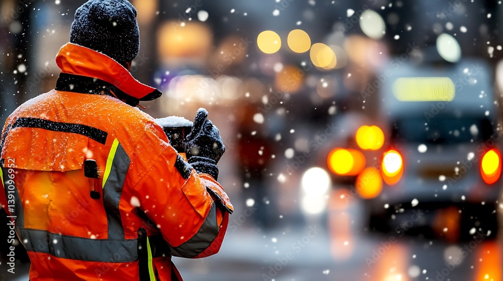 Naklejka premium Winter street worker in snowy city