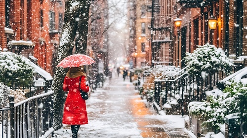 Woman in red coat walks snowy city street