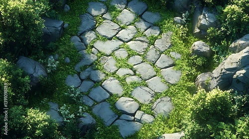 緑豊かな森の中の石畳と木漏れ日が差す広場