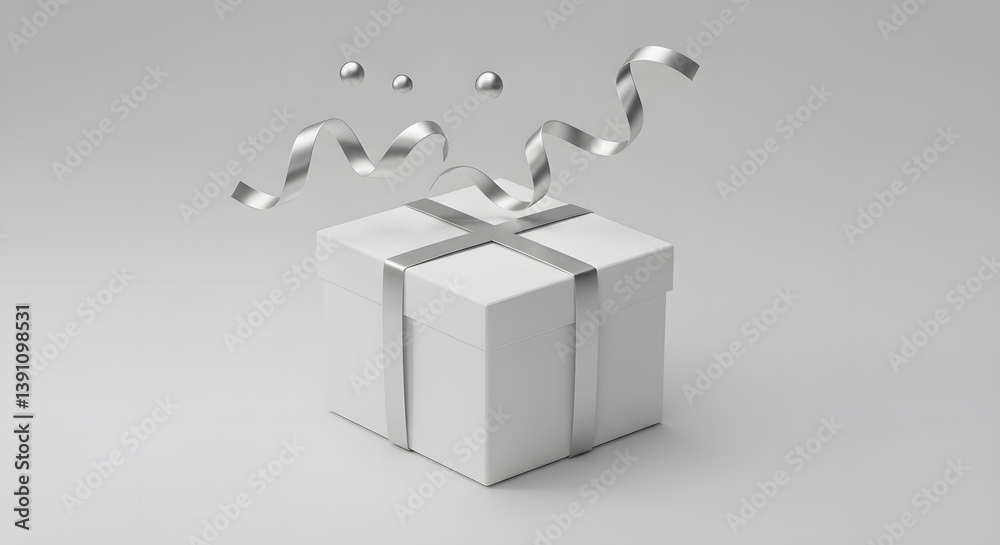 Naklejka premium Square white gift box with a silver ribbon floating on a light grey background.