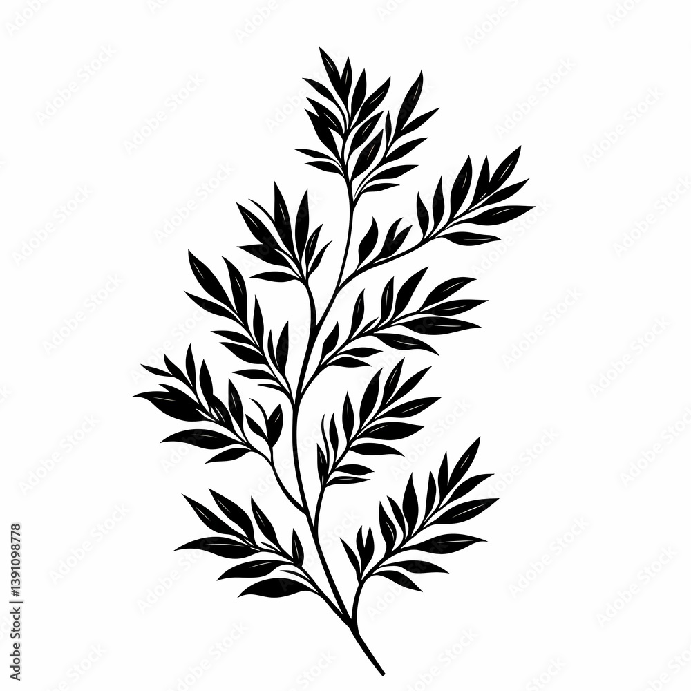 Naklejka premium Organic Botanical Illustration: Black and White Leaf Silhouette for Eco-Friendly Home Decor and Textile Design