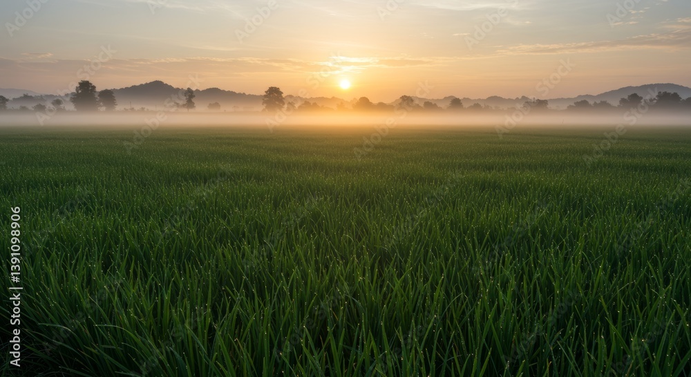 Serene dawn over a verdant field blanketed by ethereal morning mist and sunlight Serene dawn over a verdant field blanketed by ethereal morning mist and sunlight