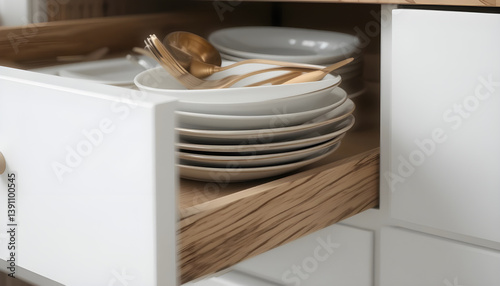 Open Drawer Showing White Dishes and Golden Cutlery Inside Cabinet