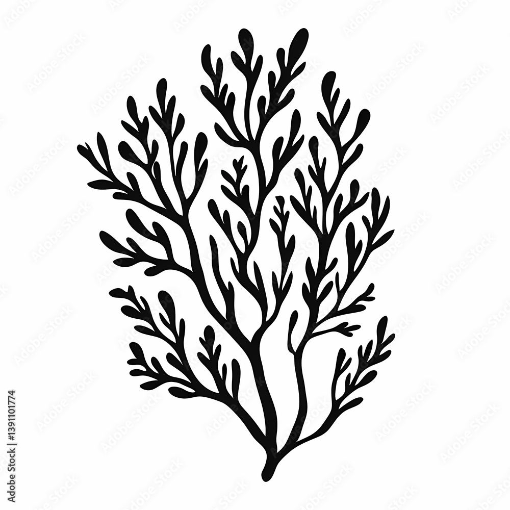 Fototapeta premium Marine Coral and Seaweed Illustration. Black & Natural Textures for Coastal & Beach Theme Decor